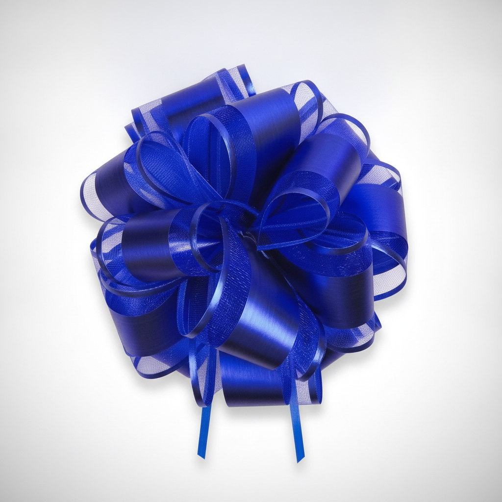 Top-down macro of a single royal blue pull bow showing radiating ribbon loops
