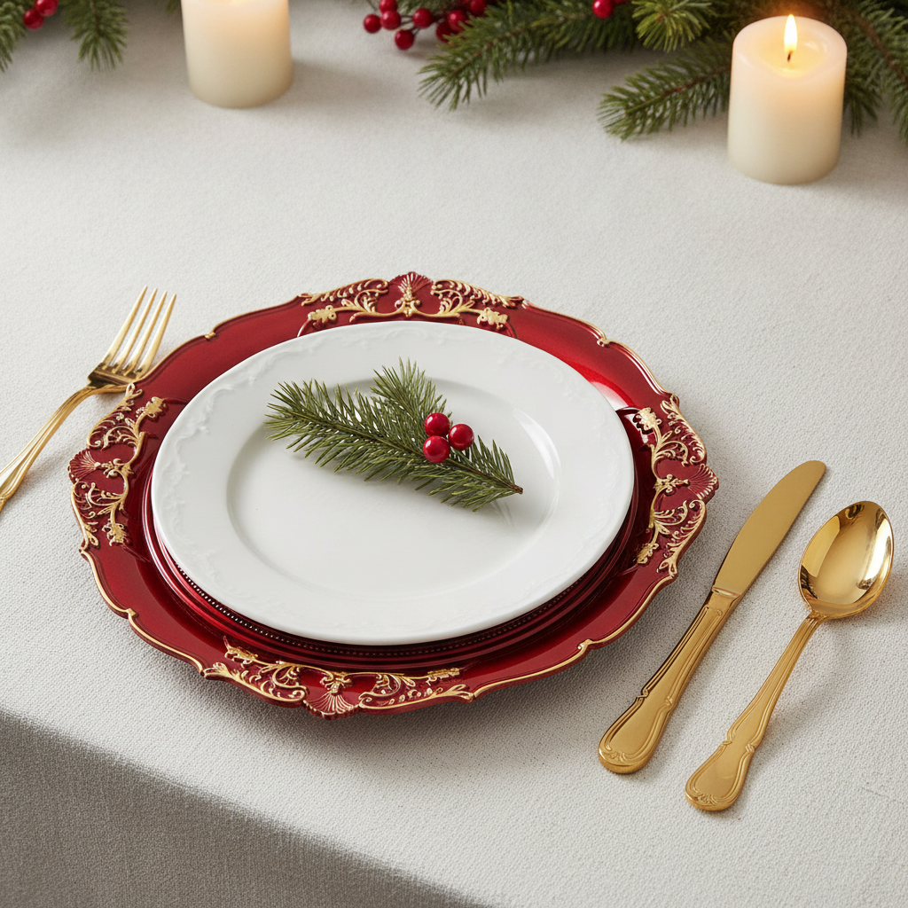 Festive holiday place setting with the deep-red embossed charger plate, white plate and gold cutlery