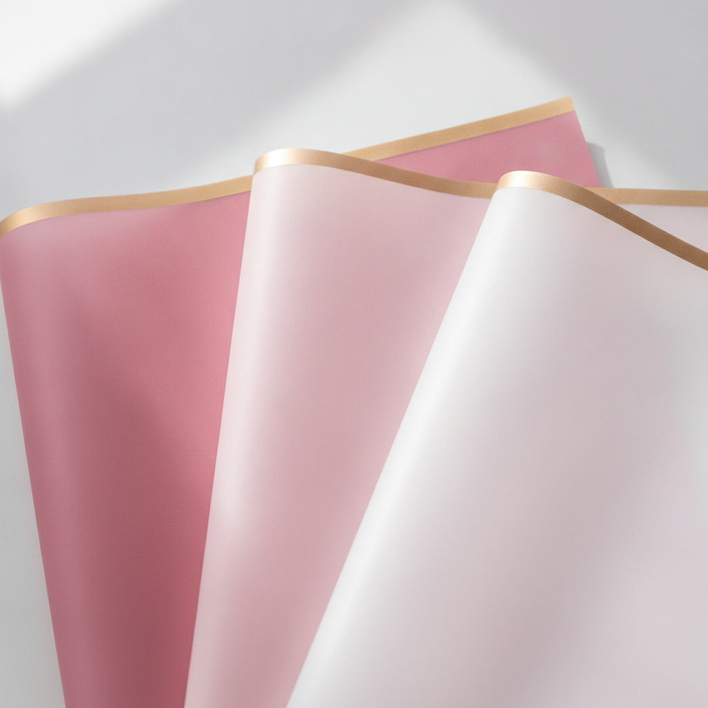 Macro close-up of pink frosted floral wrapping film with gold edge