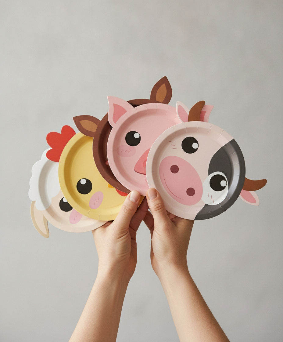 Five die-cut farm animal shaped paper party plates fanned and held in hands