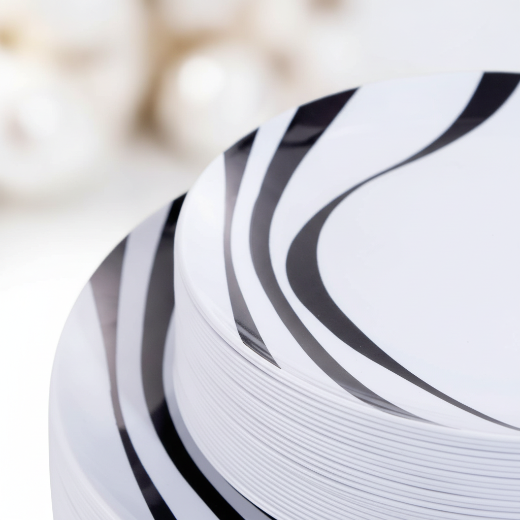 Close-up of disposable plastic plate rim showing black and silver brushstroke swirl detail