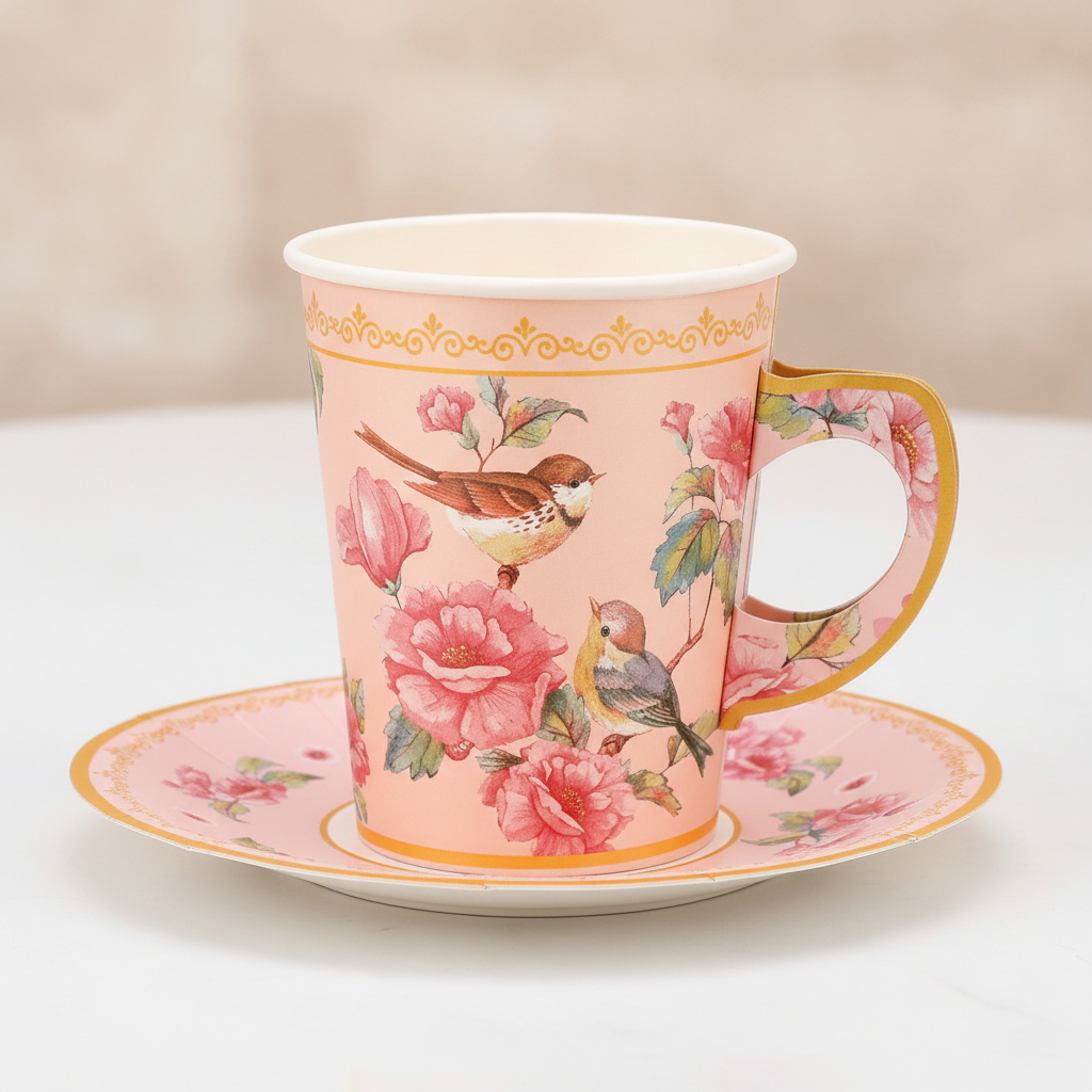 Close-up of pink rose and bird print on a disposable paper tea cup with gold scalloped rim