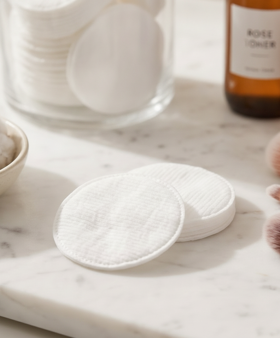 Close-up of white cotton rounds showing smooth and textured quilted sides