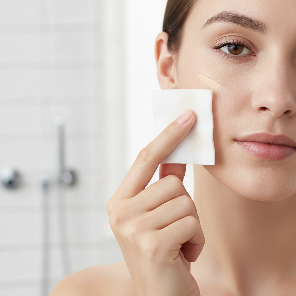Woman using a soft white cotton pad to gently remove makeup from her cheek