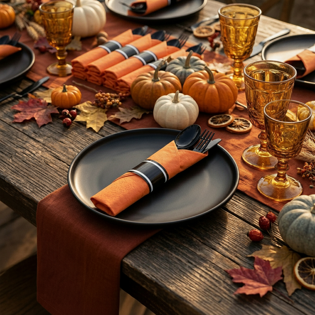 Thanksgiving harvest table set with pre-rolled black cutlery orange napkins pumpkins and autumn leaves