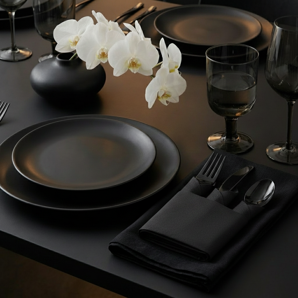 Single pre-rolled black cutlery and black napkin set on a charcoal plate modern setting