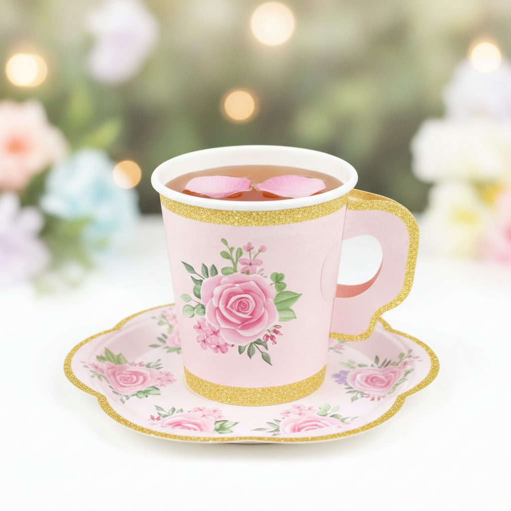 Single pink floral paper tea cup on its gold-edged flower-shaped saucer at a garden party