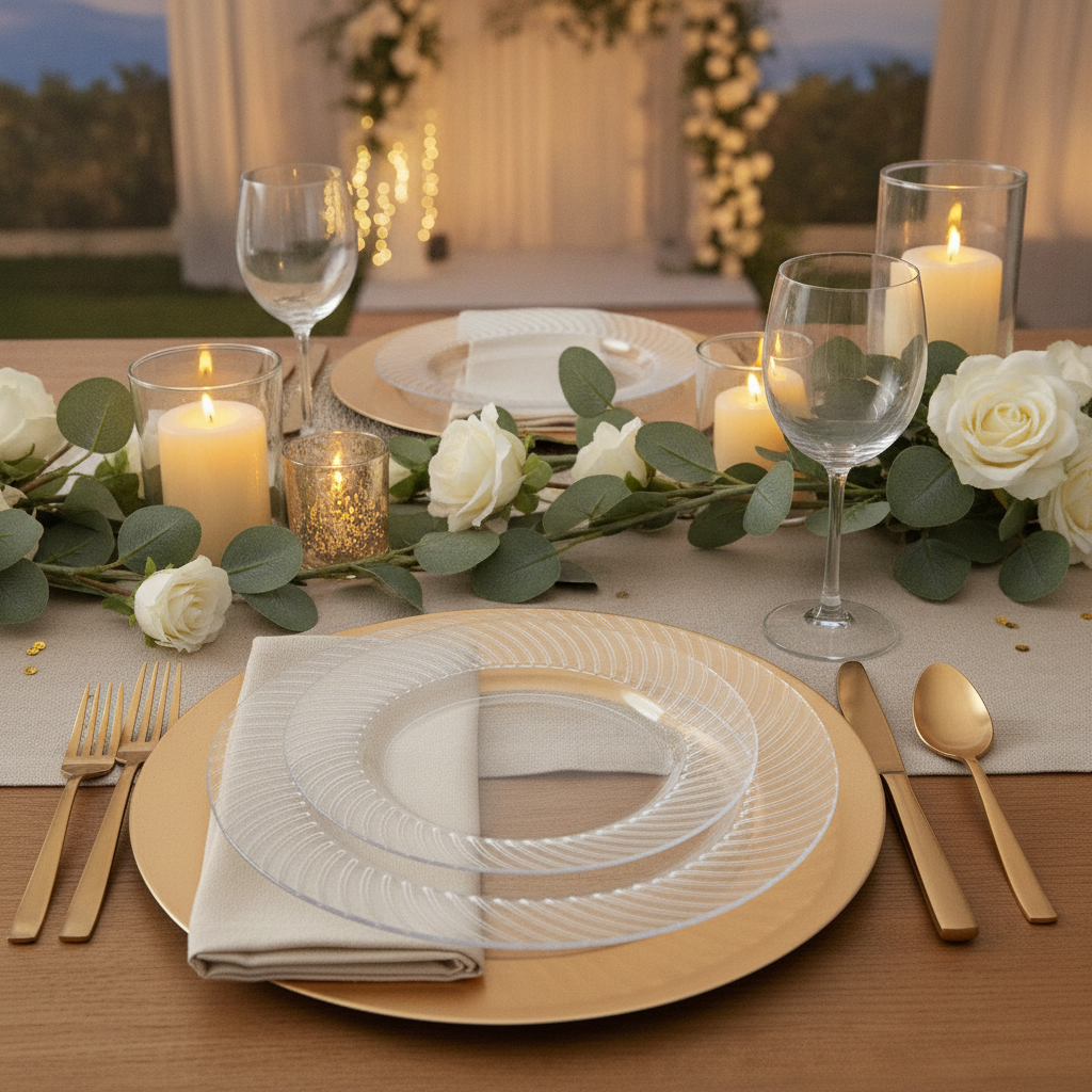 Wedding table with clear disposable plates over gold chargers and candles