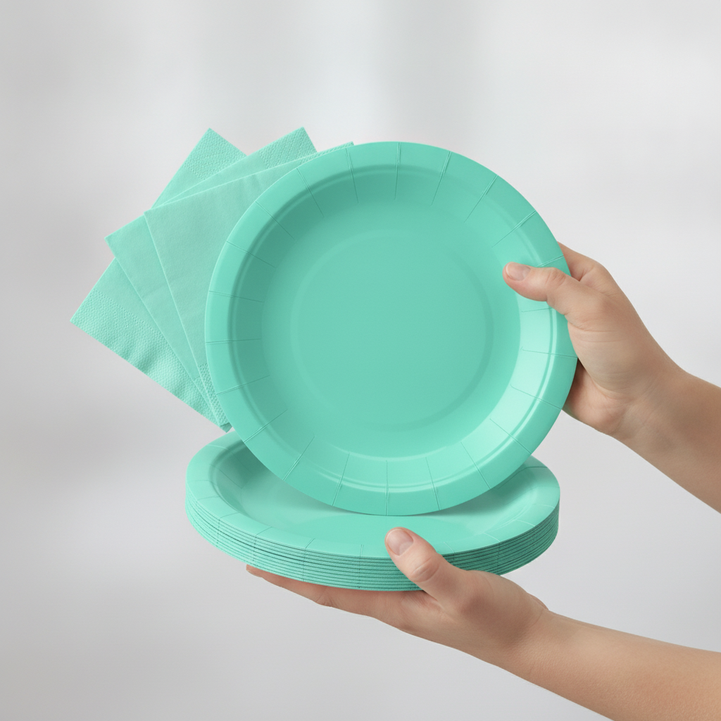 Mint green disposable paper plates and folded napkins held in two hands