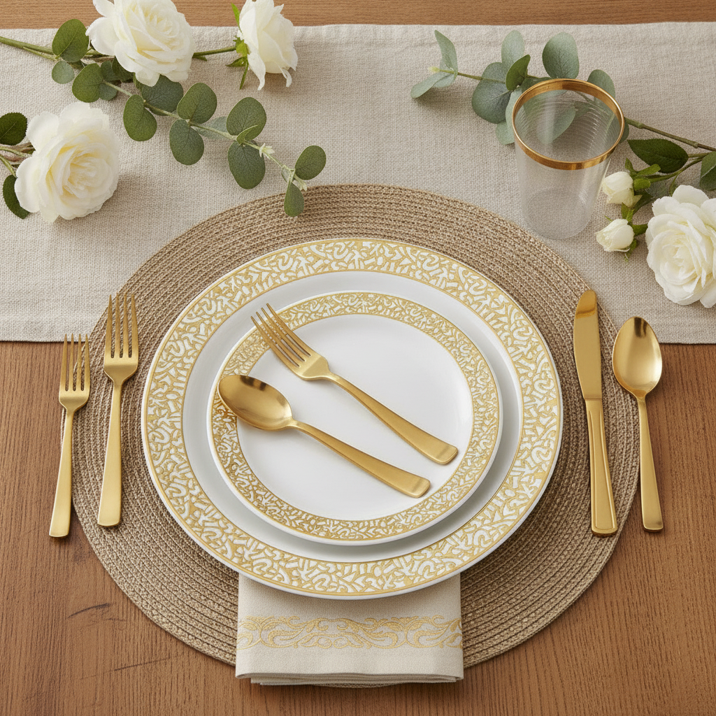 Gold-lace-rim disposable plates overhead place setting with gold cutlery, cup and white roses