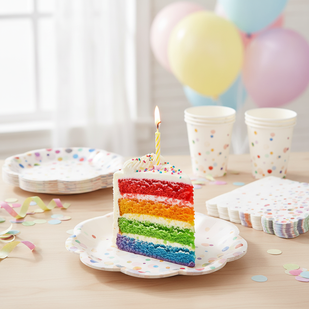 Confetti polka-dot paper plate with rainbow birthday cake at a party