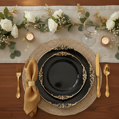 Black and gold charger plate under a black plate with gold napkin and flatware