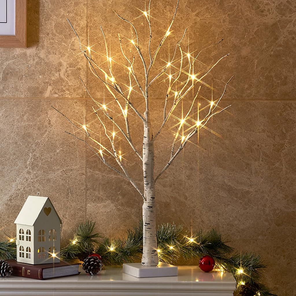 Pre-Lit LED Birch Tree, 2 ft, Warm White with Timer