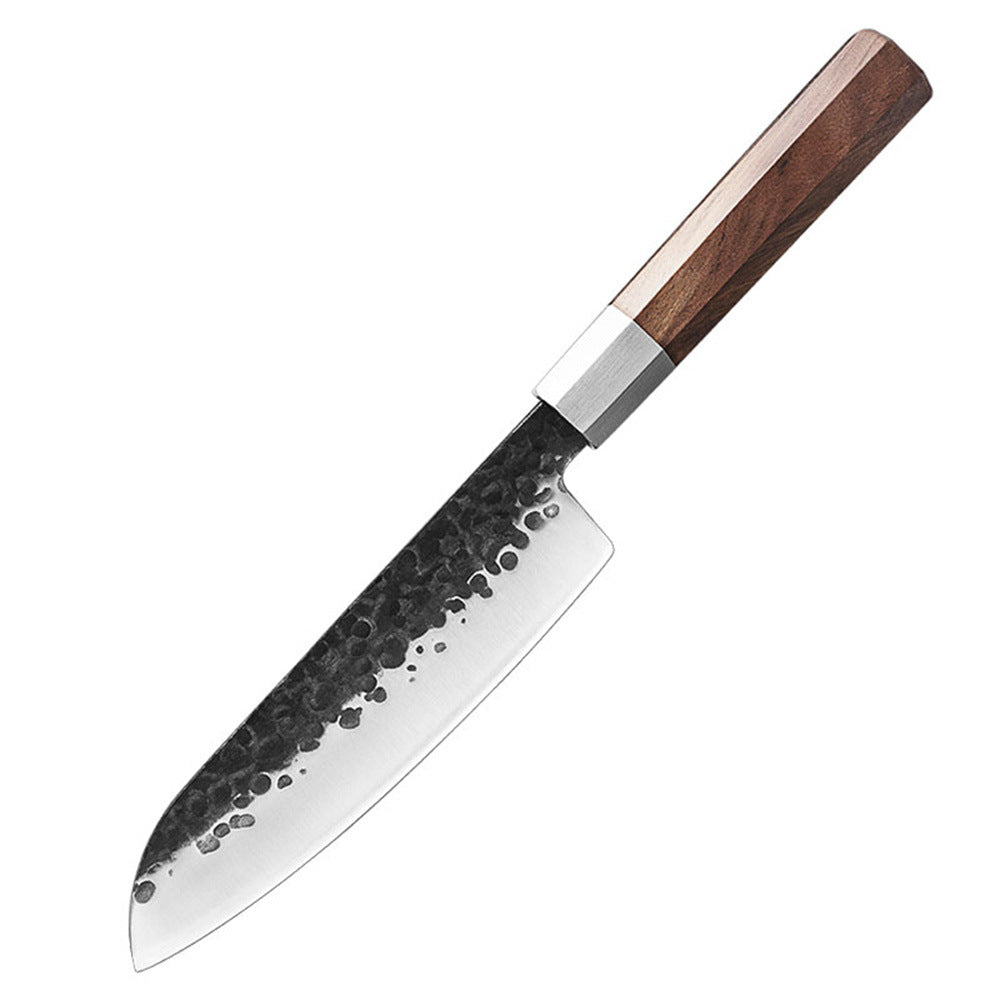 Hand-Forged Hammered Steel Kitchen Knife with Octagonal Walnut Handle