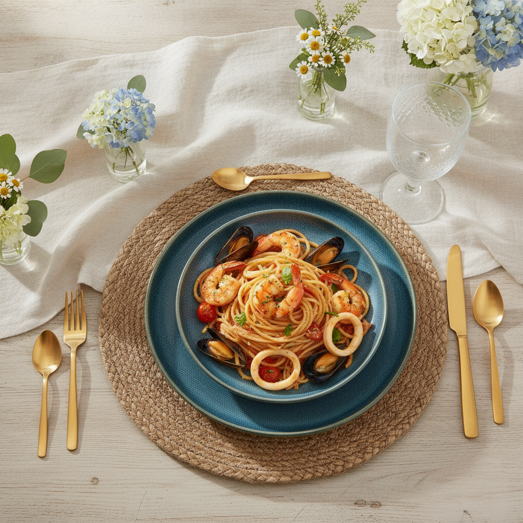 Mediterranean blue reactive-glaze stoneware plate with seafood pasta