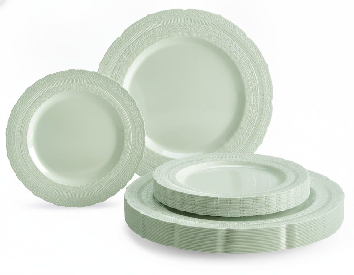 Stack of mint-green vintage-embossed scalloped plastic plates on white background