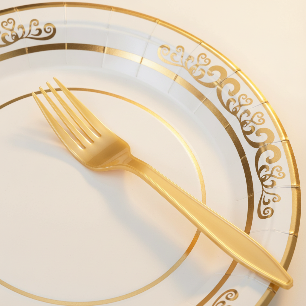 Macro of a white paper plate with ornate gold-foil scrollwork rim and a gold fork
