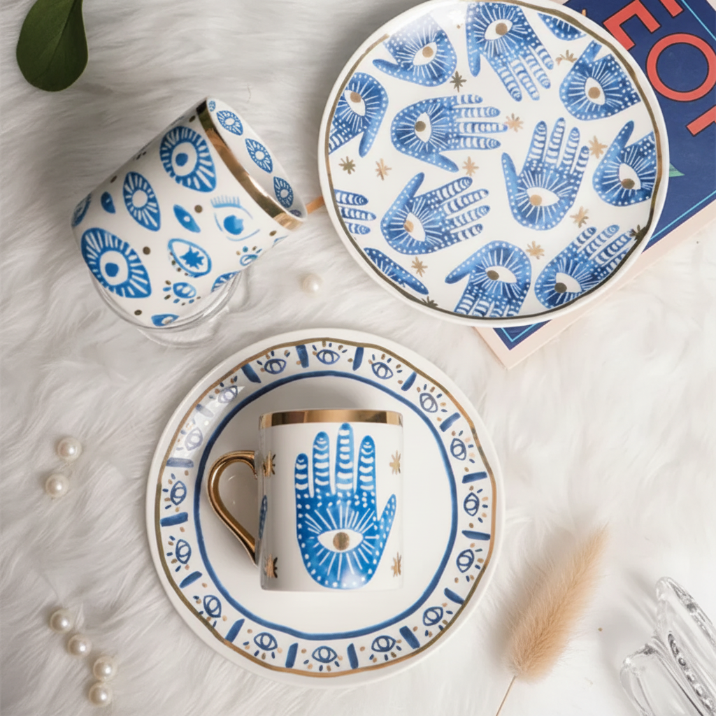 Hamsa hand and eye blue-and-gold porcelain plates and cup with gold handle flat-lay