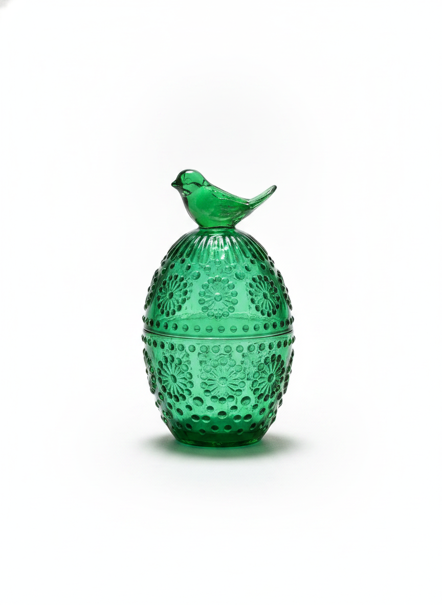 Green egg-shaped embossed glass jar with a sculpted bird finial on white background