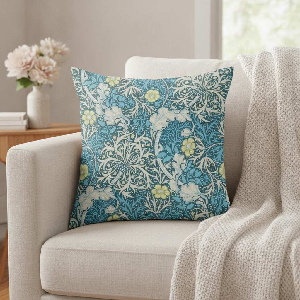 Blue floral peach-skin throw cushion styled on a cream sofa — Maison's Kitchen
