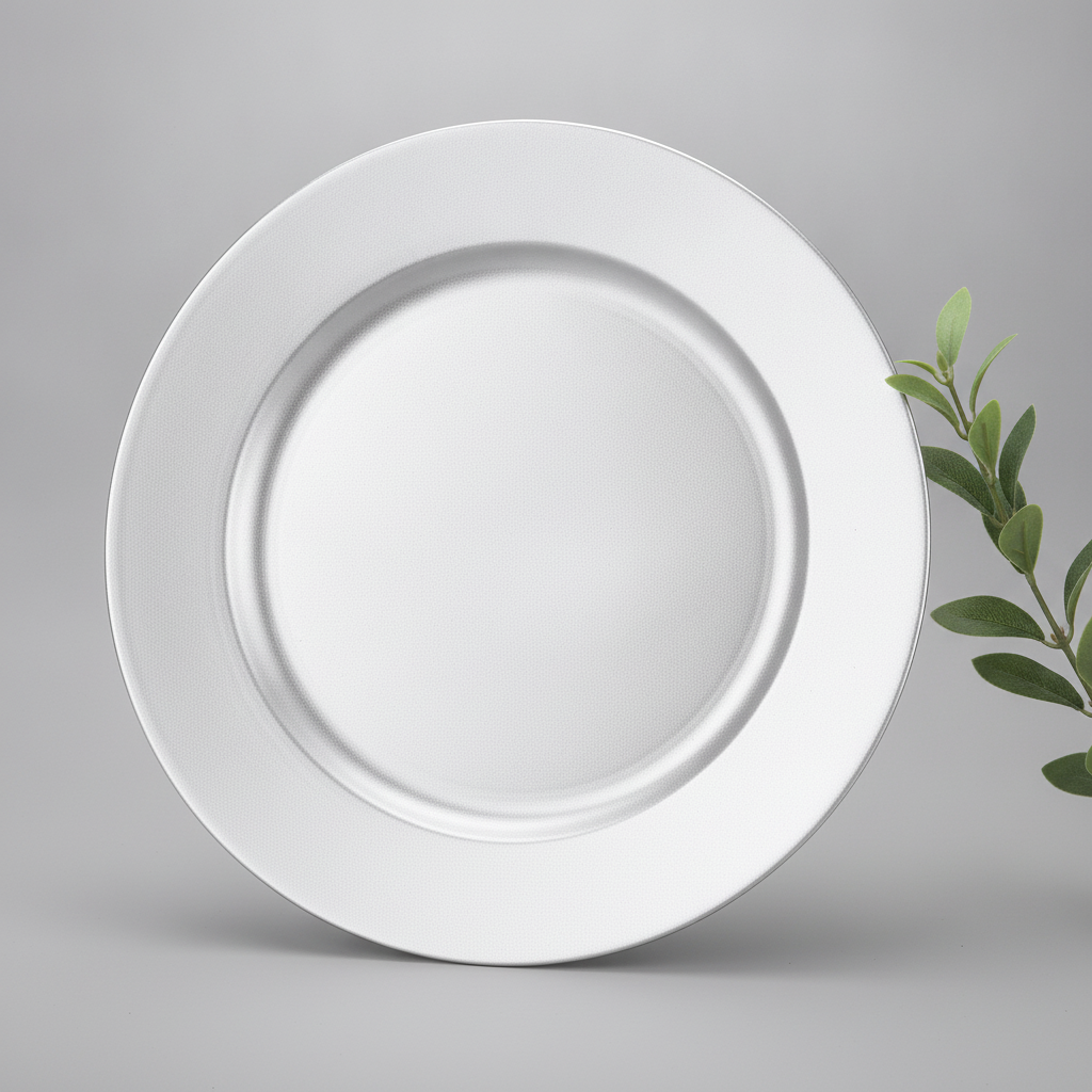 Angled shot of a single silver-white charger plate with greenery