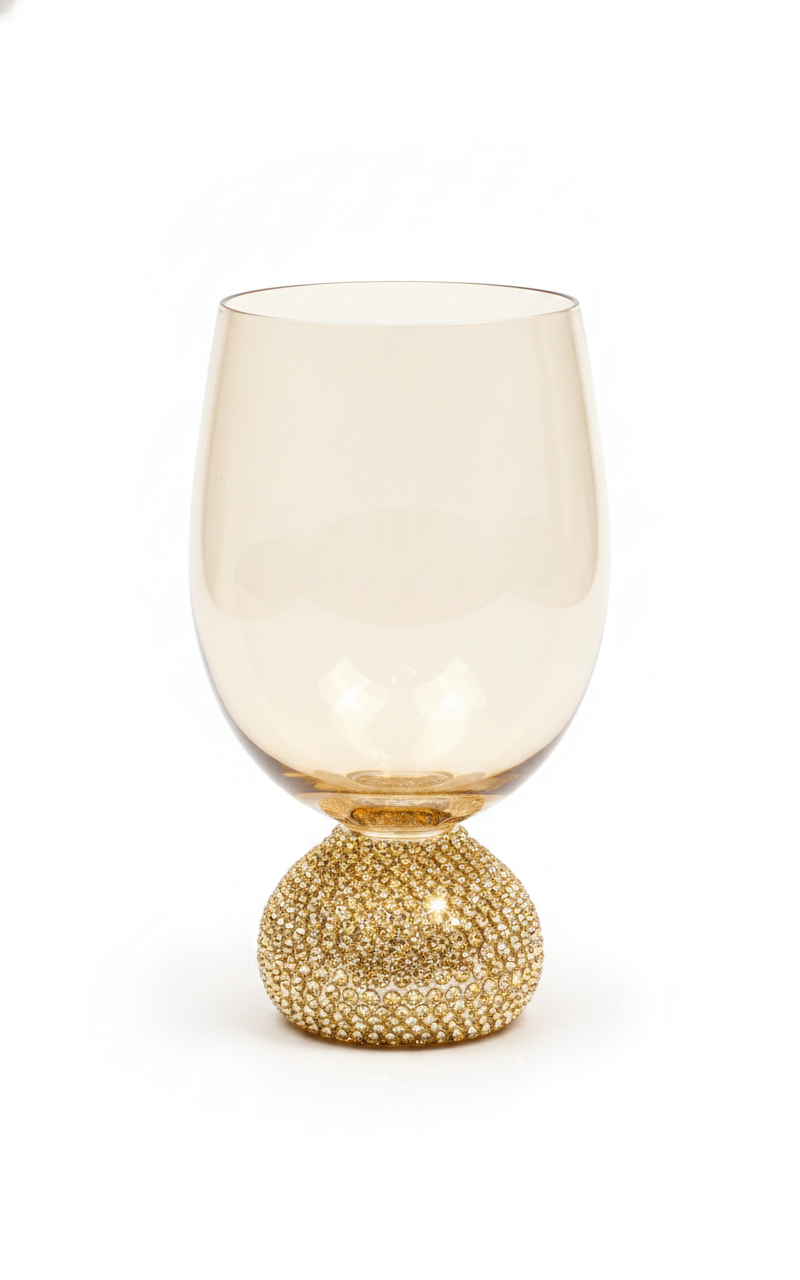 Scintilla diamond-encrusted amber crystal wine glass on white background