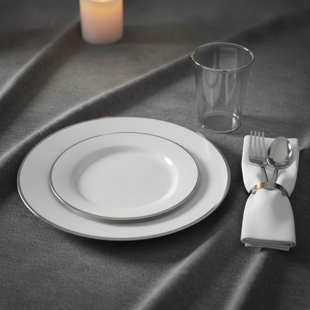 Silver-rim disposable plastic dinnerware place setting with cup and cutlery
