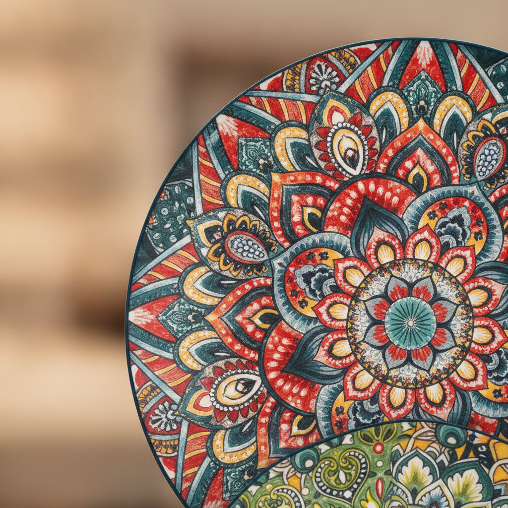 Close-up of the glossy glaze and intricate mandala pattern on the bohemian ceramic plate