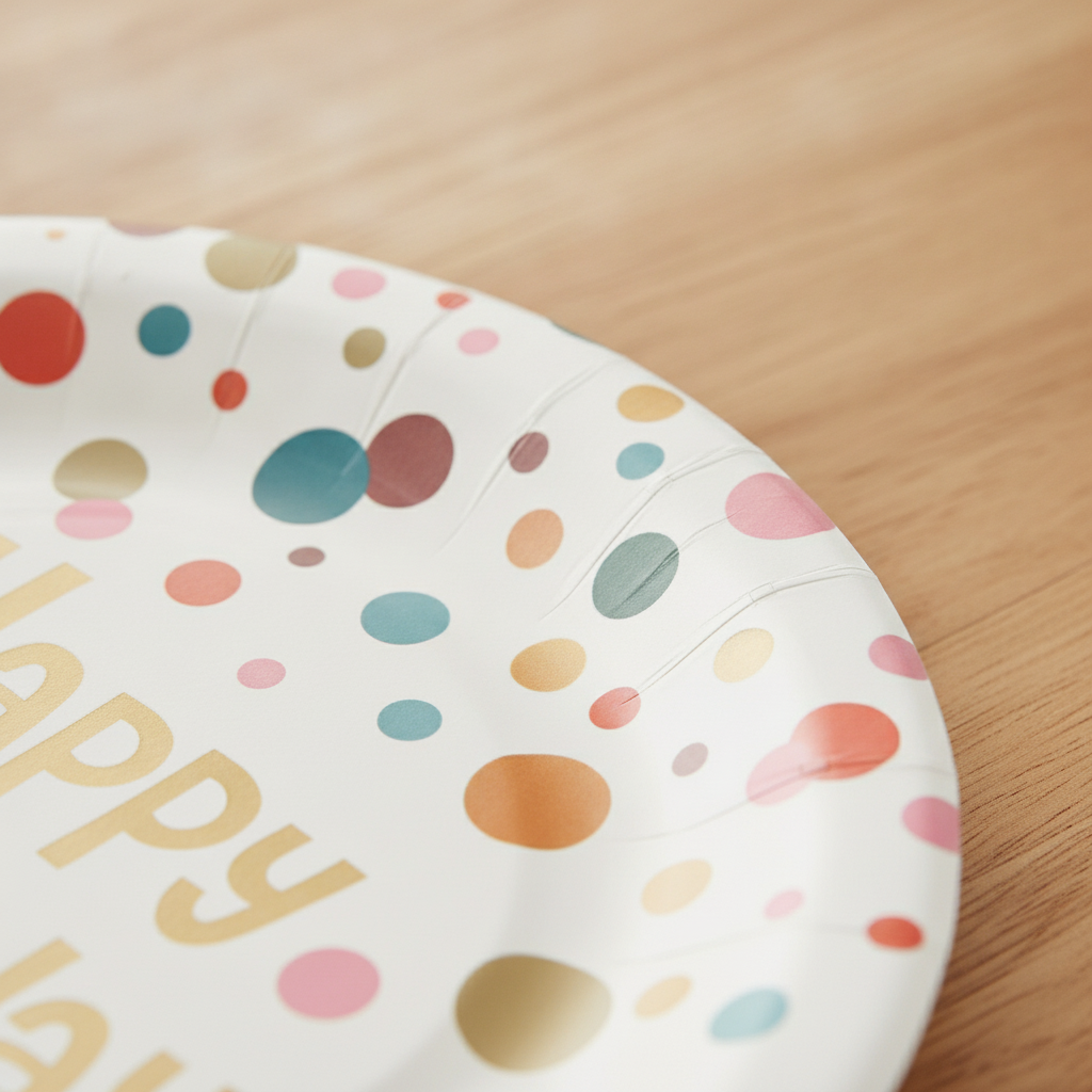 Macro close-up of confetti Happy Birthday matte paper plate rim showing thin disposable paper edge
