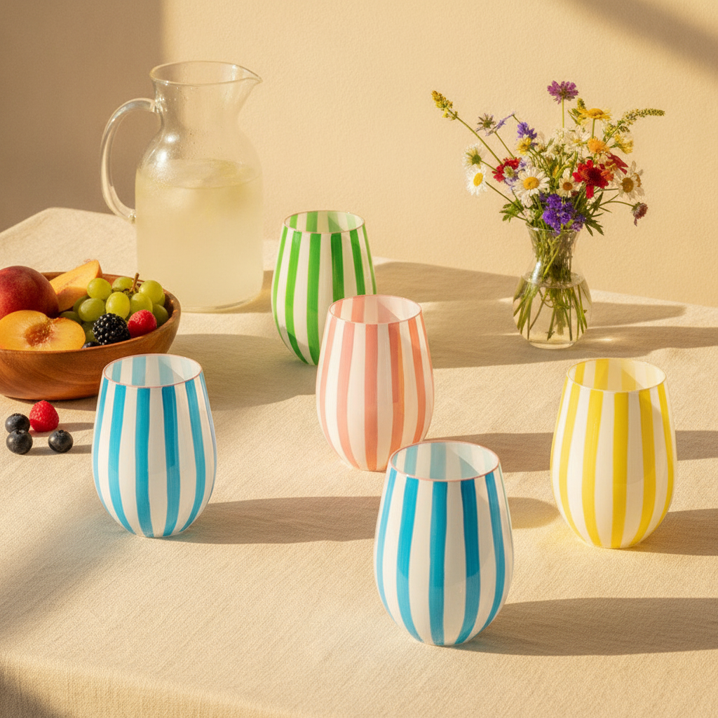 A set of Riga striped glasses in candy colors on a sunlit summer table