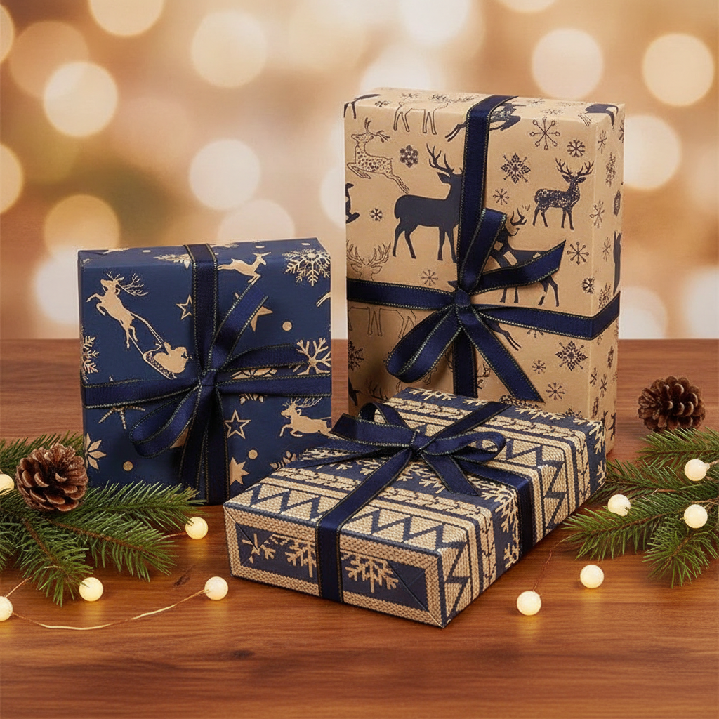 Christmas gifts wrapped in navy and kraft holiday wrapping paper on wood with pine and lights