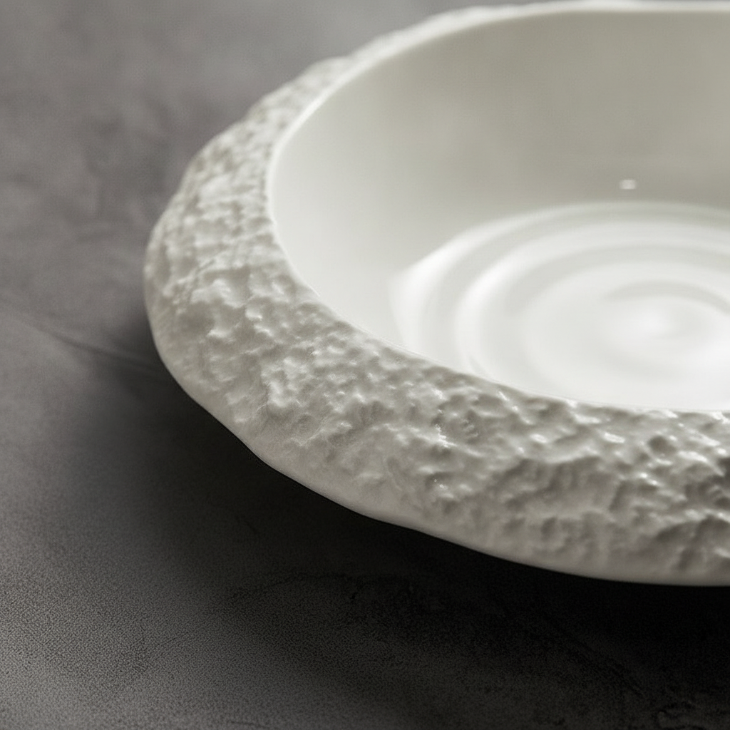 Macro of the thick rough stone-textured rim and deep glossy well of the Cratone dish