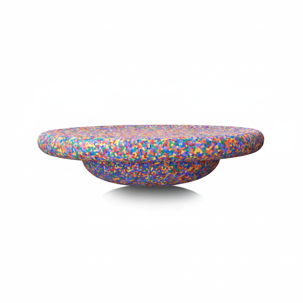 Multicolor speckled wobble balance board balance trainer on white background