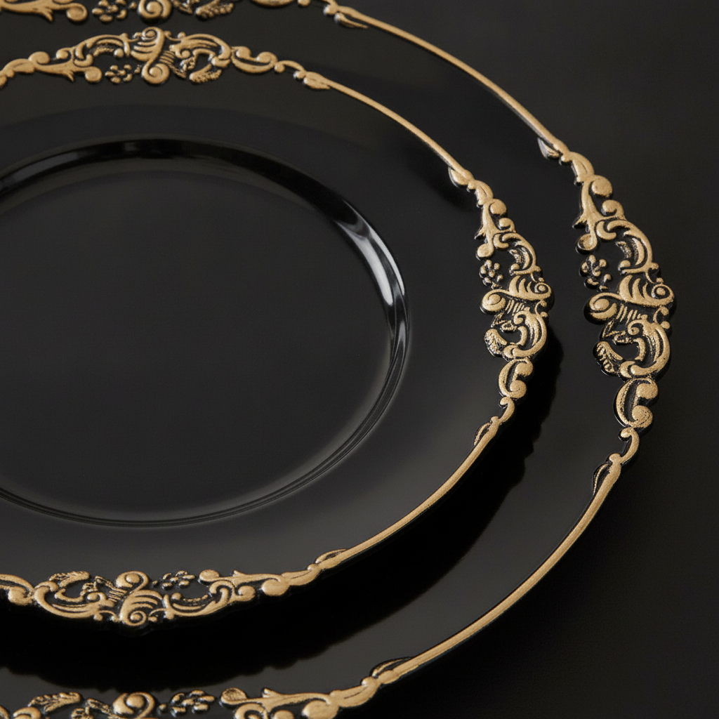 Close-up of ornate antique gold scrollwork rim on black charger plate
