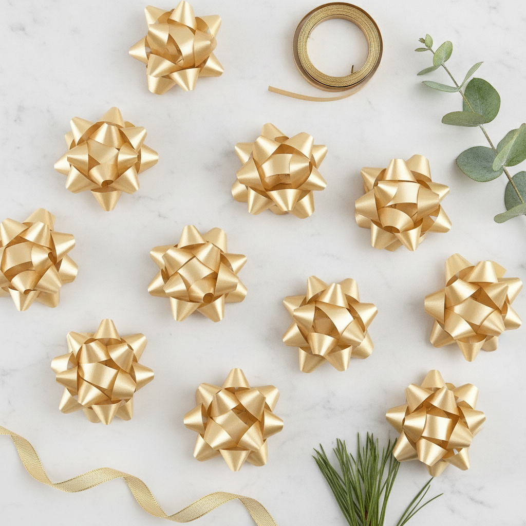 Overhead flat-lay of gold star confetti bows with ribbon on marble