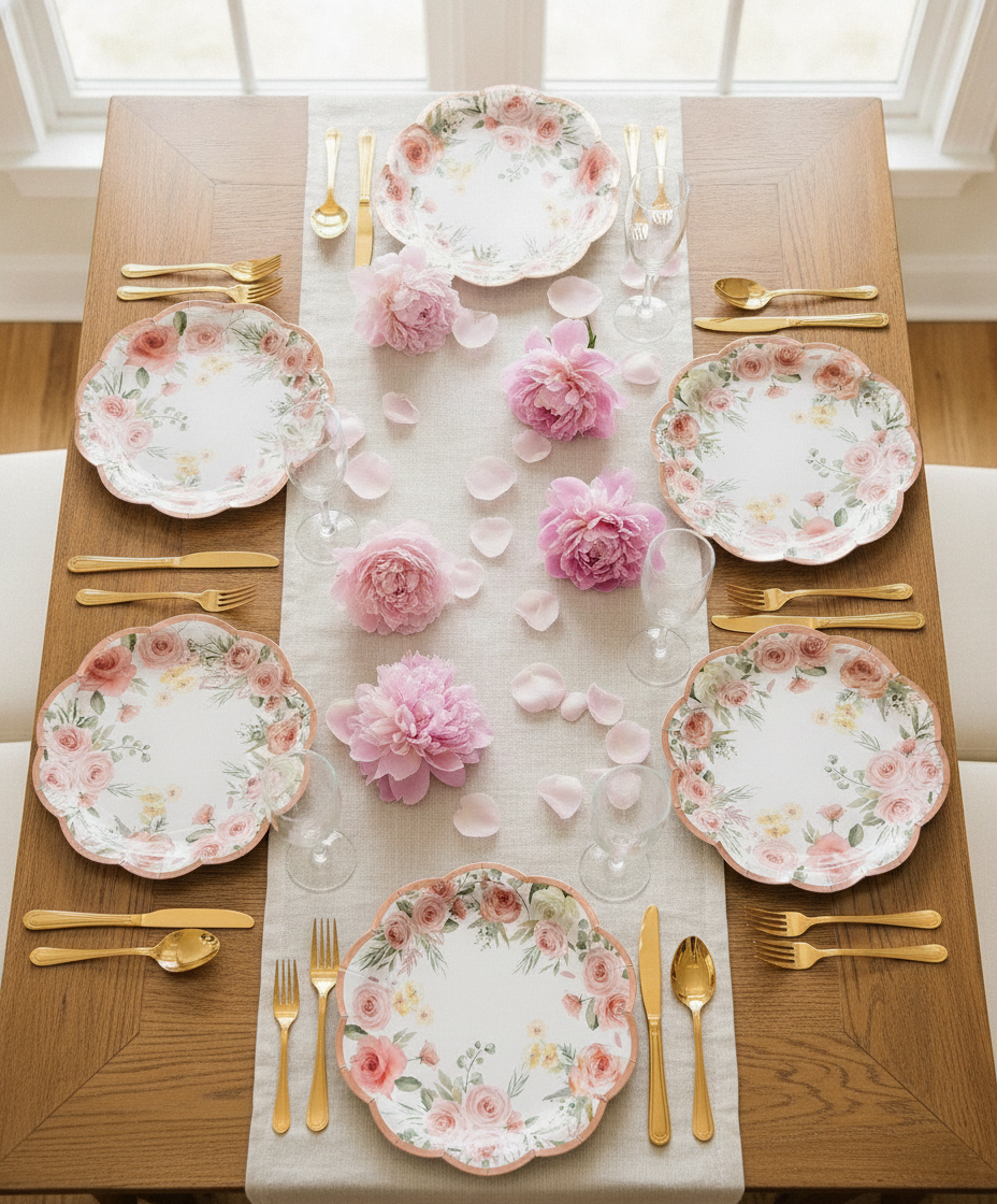 Bridal shower tablescape of watercolor rose disposable paper plates with gold cutlery and peonies