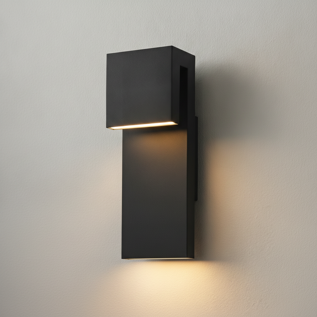 Sentinella matte black outdoor wall light with warm downward glow on a grey studio wall