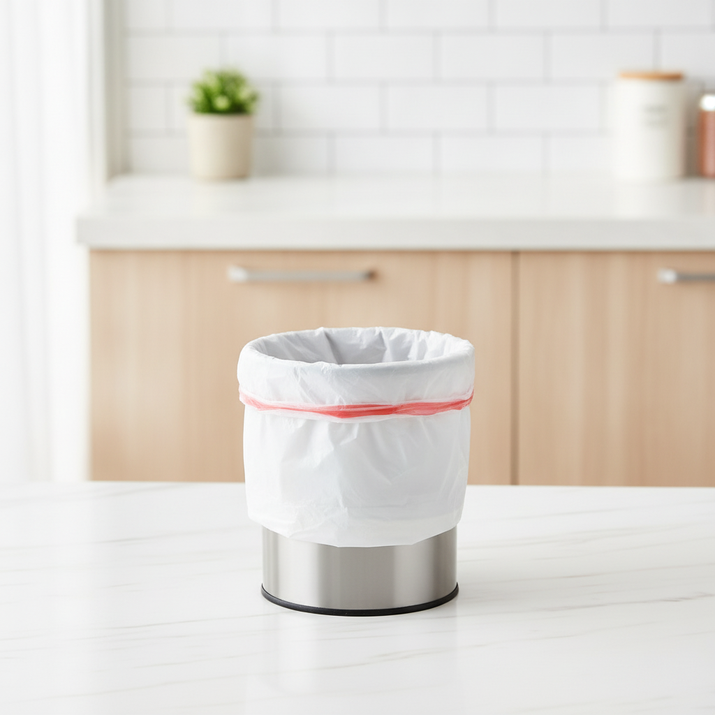 White drawstring trash bag lining a small kitchen bin — Maison's Kitchen
