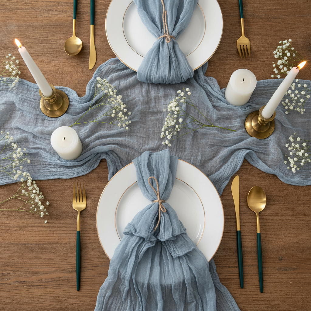 Dusty blue cheesecloth napkins styled on a rustic wedding tablescape