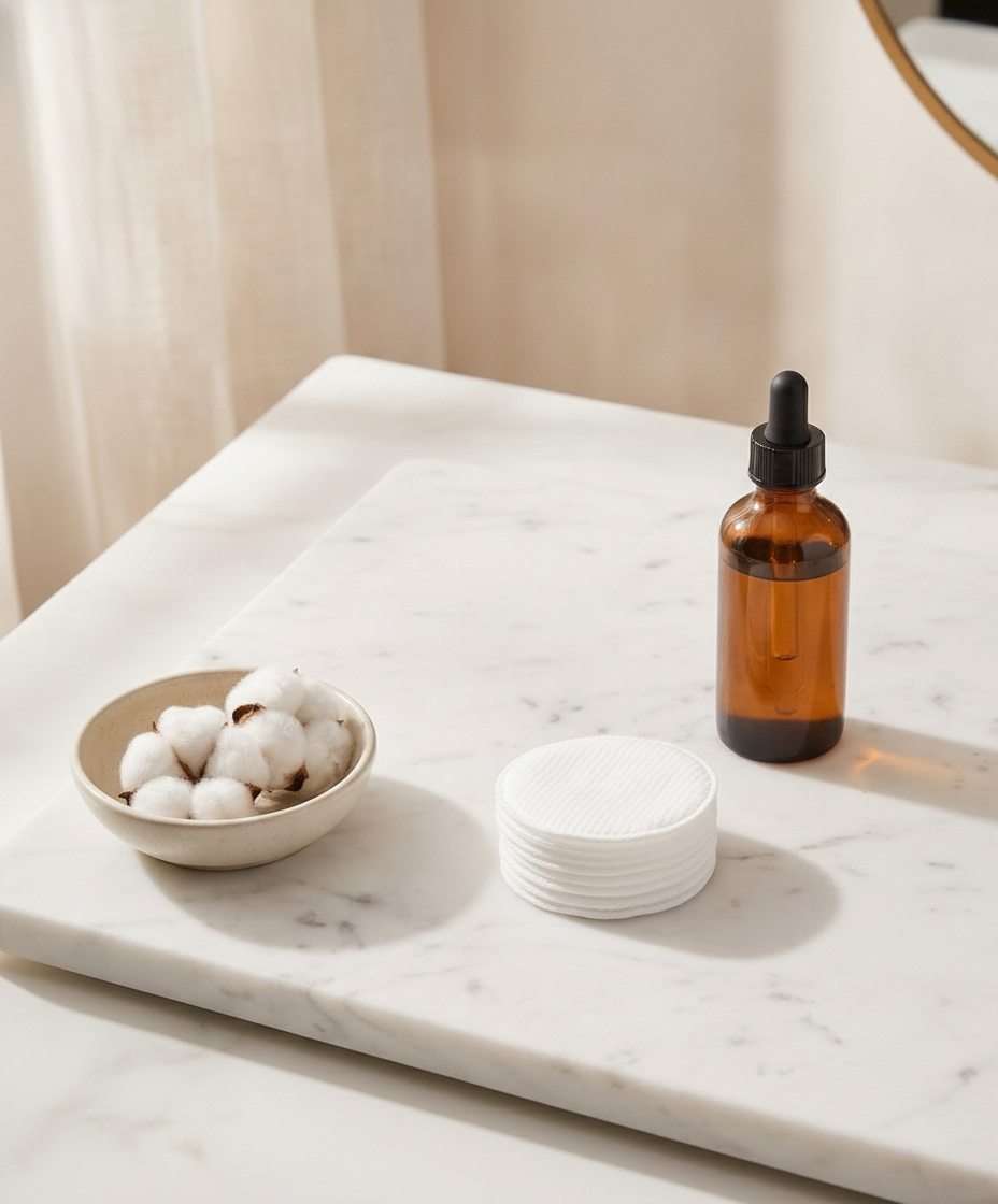 Stack of white cotton rounds on marble vanity with cotton flower and dropper bottle