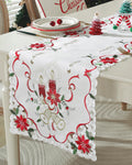 Christmas Table Runner with Embroidered Holly Leaves Poinsettia Candle Bell Winter Farmhouse Christmas Decorations Indoor Home Party Decor 68 Inches Long