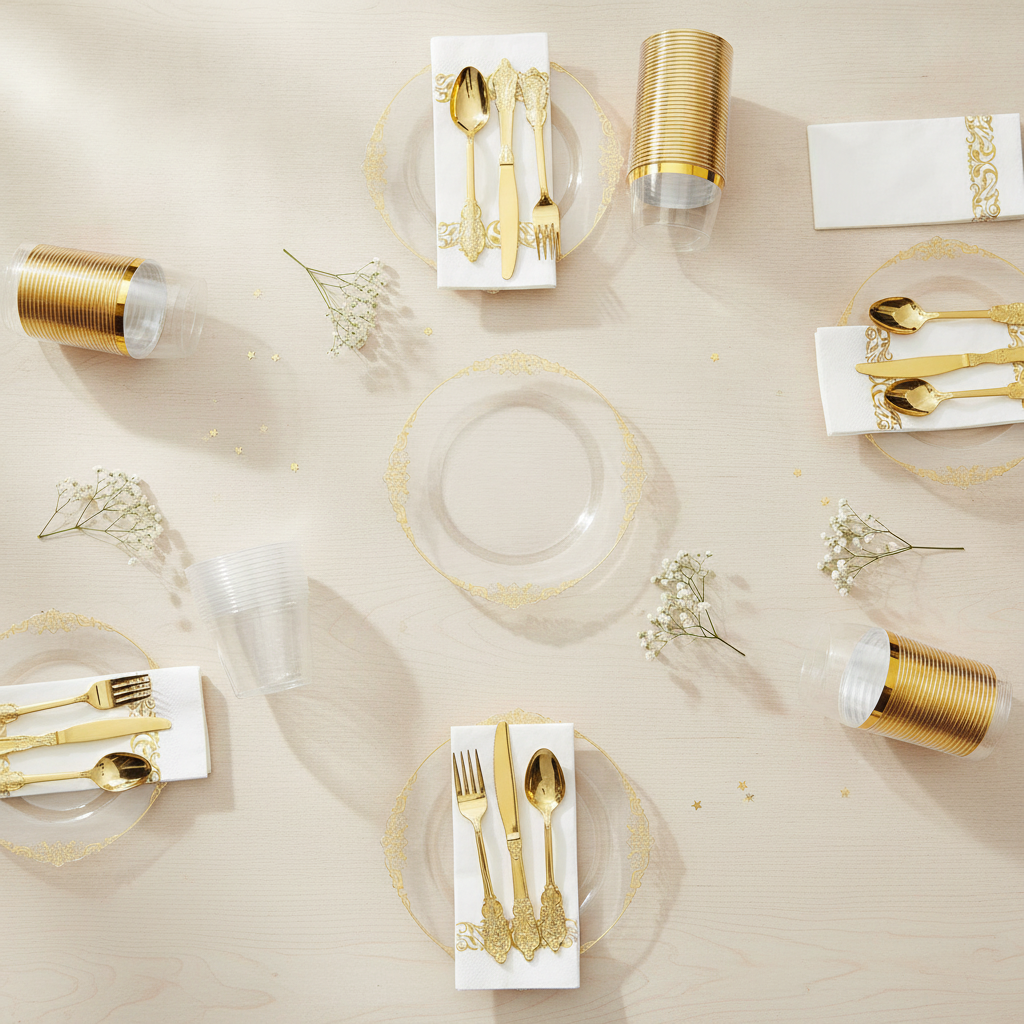 Elegant party table flat-lay set with clear gold-filigree plastic plates and gold cutlery