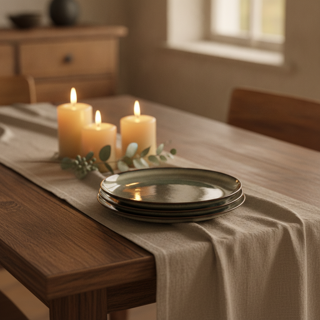 Stack of Muschio green-grey reactive ceramic plates styled on linen with candles and eucalyptus