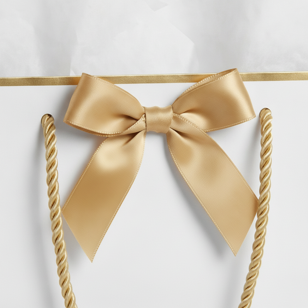 Macro detail of the gold satin bow and rope handle on a white gift bag