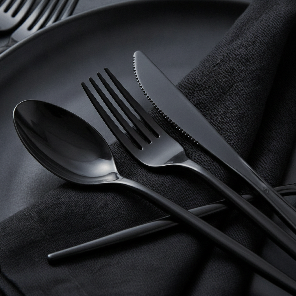 Close-up of matte black plastic fork tines and knife edge on a charcoal napkin