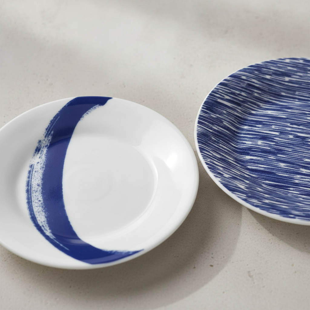 Macro detail of two blue-and-white abstract ceramic accent plates showing the glossy glaze and printed patterns