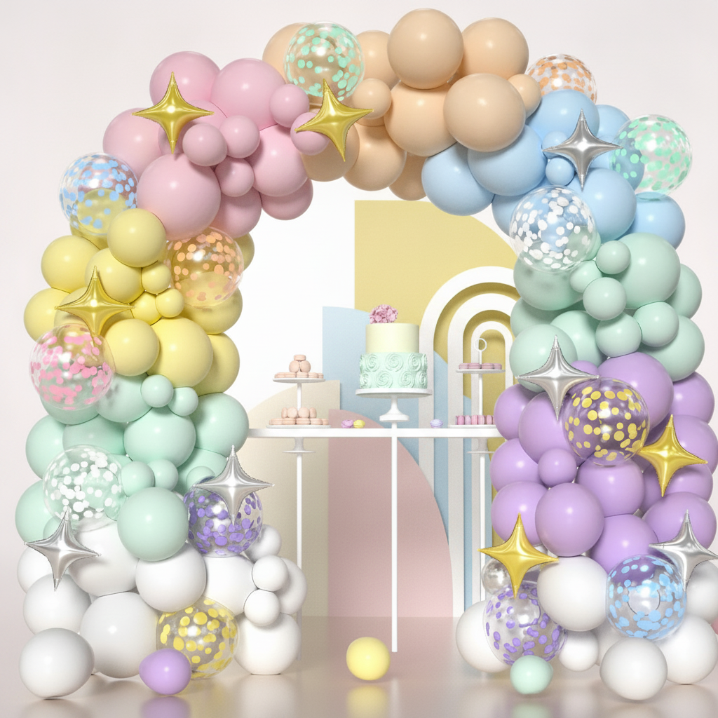 Pastel balloon garland arching over a birthday dessert table with cake and macarons