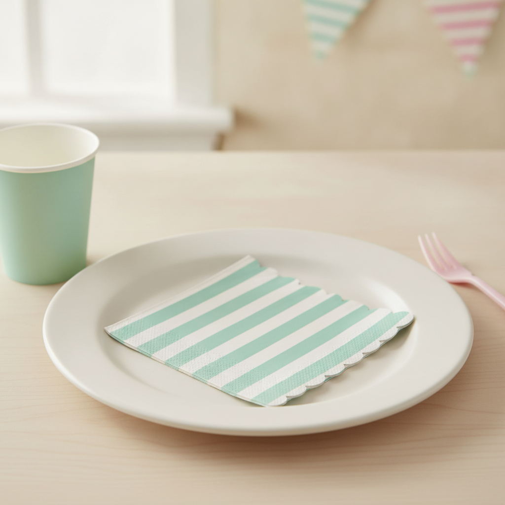 Pastel stripe paper napkin folded on a plate at a birthday place setting