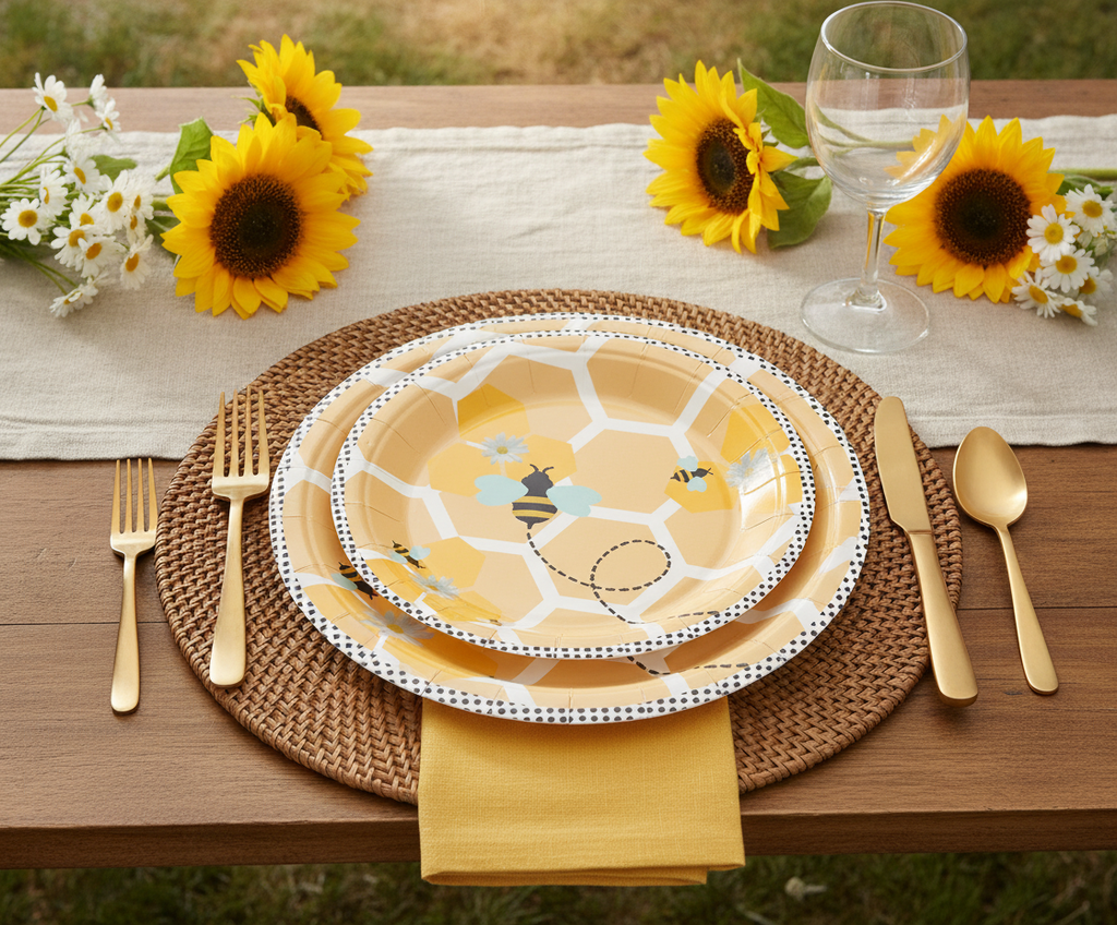 Yellow bee and honeycomb design disposable paper party plates styled summer garden tablescape