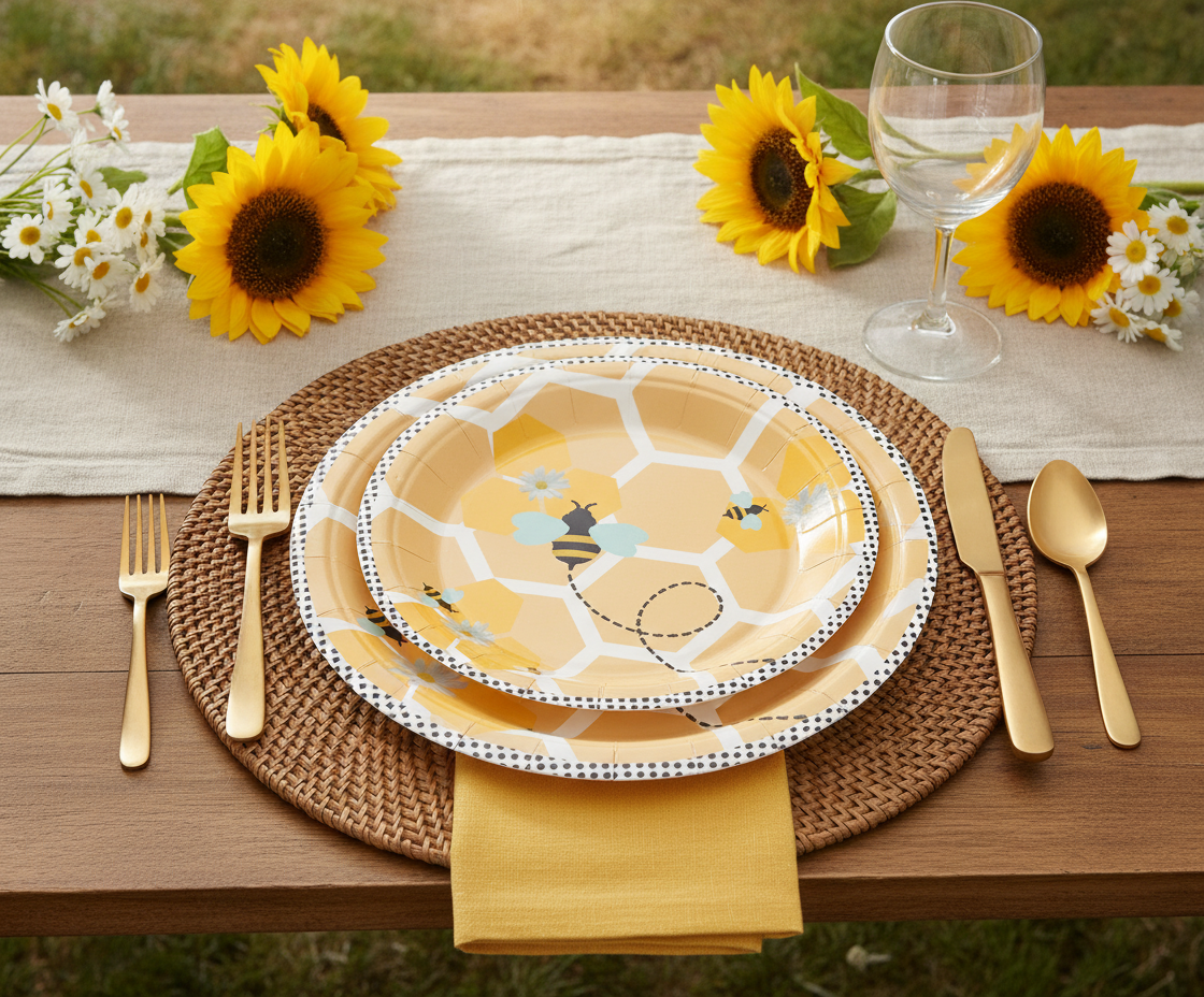 Yellow bee and honeycomb design disposable paper party plates styled summer garden tablescape